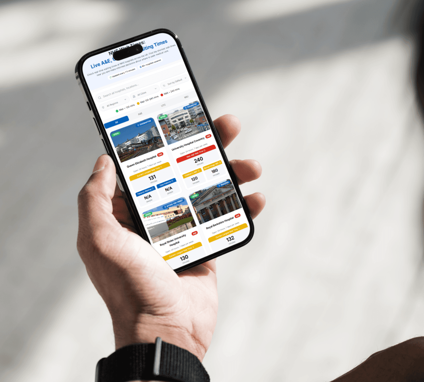 Live A&E Wait Times tracker app showing real-time emergency department waiting times across UK hospitals